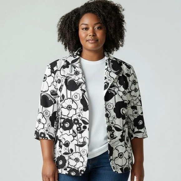 Lafayette 148 New York Jackets & Blazers - NWT Lafayette 148 Linen Blend Black White Floral 3/4 Sleeve Buttoned Blazer - 22